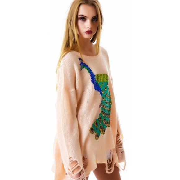 Wildfox Sequin Peacock Lennon Sweater, Baby, XS - Picture 2 of 7